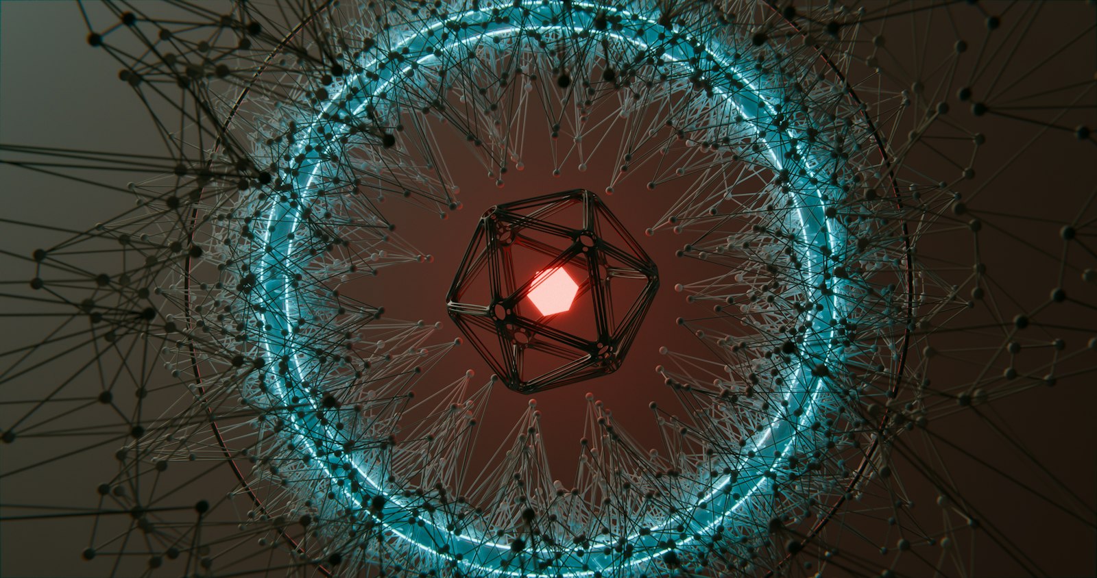 A dense mesh of connected nodes surrounding a glowing core, representing an original language model trained in Kingston, Jamaica